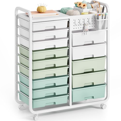 SYKIARIOL 14 Drawer Rolling Cart with Tabletop & DIY Pegboard, Storage Cart with Wheels, Classroom Organizers Utility Cart for Office Home School, Art Supplies, Mobile Craft Organizer, Green