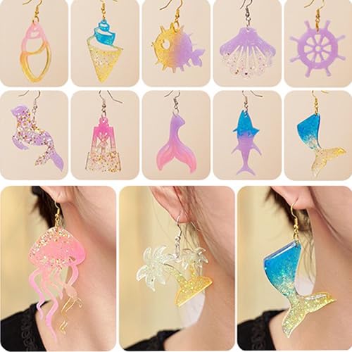 4 Piece Resin Earring Molds, Ocean Life Jewelry DIY Silicone Molds UV Resin Jellyfish Shell Starfish Earrings Keychain Lighthouse Ship Wheel Necklace Pendant Craft Supplies - color: Ocean