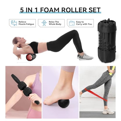 5 in 1 Foam Roller Set, High Density Patented Exercise Roller - color: Black