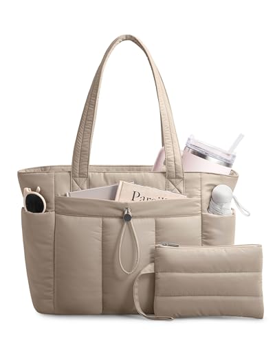 TOPDesign Puffy Tote Bag for Women with Cup Holder & Laptop Compartment & Cosmetic Bag & Trolley Sleeve for Work, Travel - color: Camel, size: Medium