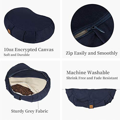 Crescent Zafu Meditation Pillow, D=17" W=11" H=5.5" Zabuton Yoga Bolster, Meditation Cushion, Floor Pouf Yoga Pillow Zippered Organic Cotton Cover Natural Buckwheat kneeling pillow - Large - color: Black