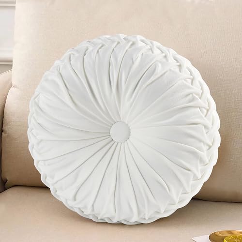 HIG Set of 2 Off White Velvet Decorative Round Pleated Throw Pillows - color: Off White