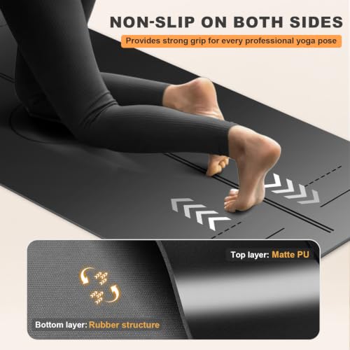 Yoga Mat - Non Slip Natural Rubber Yoga Mat, Alignment Lines, Ultimate Grip | Anti-Tear, Durable & Thick 5mm, Skin-Friendly with Free Carry Strap, Bag, for Yoga, Pilates Fitness and Floor Exercises - color: Black