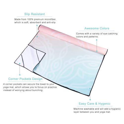 QiyI Hot Yoga Towel with Grip Dots, Non Slip, 70"x26", Dreamy Pink Mandala - color: Dreamy Pink Mandala, size: 70"x26"