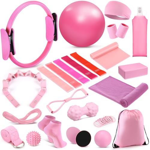 Halloscume 24 Pcs Pilates Kit, Home Pilate Equipment for Women, Pilates Ring and Ball Set with Stretching Strap, Water Bottle, Magic Circle, Yoga Ring, Gym Bag, Resistance Band, Anti Slip Sock - color: Pink