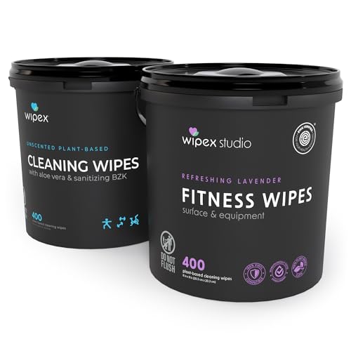 Wipex Gym Wipes Bundle - Get 2 Buckets (1) Lavender Plant-Based Fitness Equipment Wipes & (1) Sanitizing BZK for Skin, Great for Gyms, Yoga Studios, Home, Fitness Centers, 400 Ct (Pack of 2) - size: 400 Count (Pack of 2), style: Bundle: Lavender Bucket &