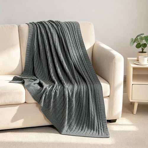 NTBAY Cotton Cable Knit Throw Blanket, 51 x 67, Grey and White - color: Grey and White, size: Throw(51"x67")
