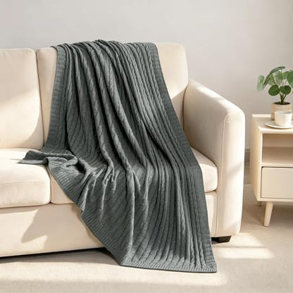 NTBAY Cotton Cable Knit Throw Blanket, 51 x 67, Grey and White - color: Grey and White, size: Throw(51"x67")