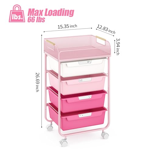 SYKIARIOL 4-Drawer Rolling Storage Cart with Mesh Top, Rose Pink | Utility Craft Organizer Cart on Wheels with DIY Labels, Rolling Drawer Cart for Home Office Classroom Bedroom - color: Gradient Pink