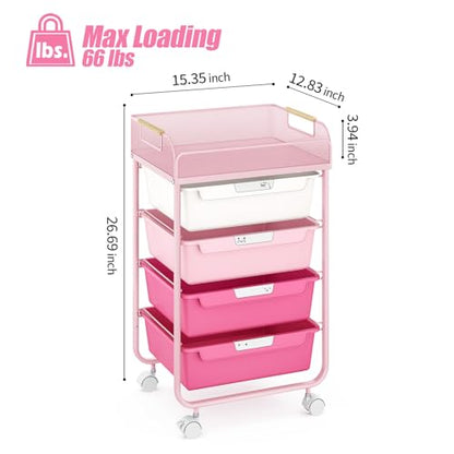 SYKIARIOL 4-Drawer Rolling Storage Cart with Mesh Top, Rose Pink | Utility Craft Organizer Cart on Wheels with DIY Labels, Rolling Drawer Cart for Home Office Classroom Bedroom - color: Gradient Pink