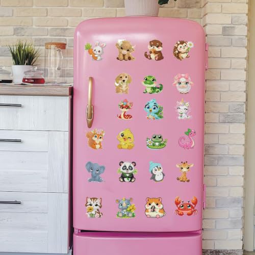 30Pcs Animal Diamond Painting Magnets Kits for Adults, Cute Animal Diamond Art Magnet Kits for Beginners, 5D DIY Rhinestone Elephant Cow Refrigerator Magnetic Sticker for Crafts Fridge Gifts