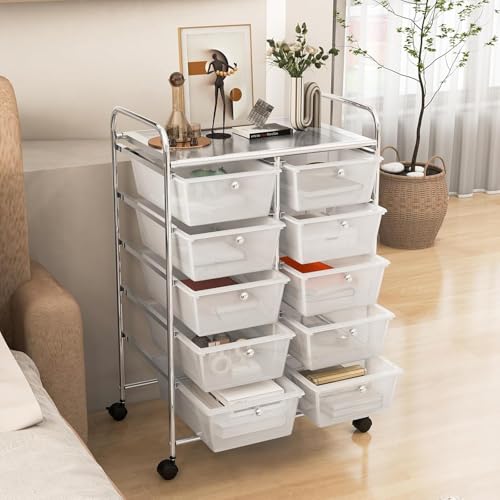 LDAILY 10 Drawer Rolling Cart, Storage Cart Organizer on Wheels, Drawer Cart with Metal Frame & Large Storage Capacity, Rolling Cart with Drawers for Living Room Classroom, Office - color: Clear, size: 10 Drawer