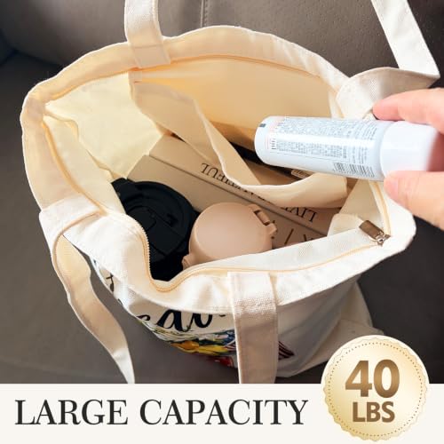 Canvas Tote Bag with Zipper for Women, Halloween Trick or Treat Bags Bulk | 13.8" x 15.3" Fashionable Two-Tone Cotton Tote Bag for Crafts, DIY Your Creative Designs - color: [A0] Freedom - Beige