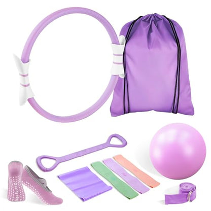 Luscinia Pilates Kit,Home Pilates Ring Kit for Women,Pilates Equipment Ring and Ball Set with Pilates Ring, Pilates Ball, Resistance Bands, Figure 8 Band & Accessories Pilates Starter Kit - color: Purple