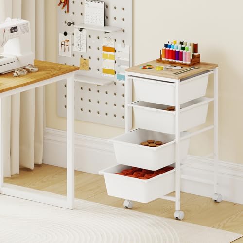 GOFLAME 4-Drawer Rolling Storage Cart, Craft Storage Cart with Wooden Tabletop and Lockable Wheels, Art Cart Supply Storage Organizer with Metal Frame for Home Office Classroom, White - color: White, size: 4-Drawer with Wood Top
