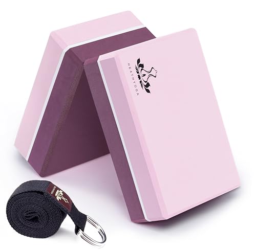 Heathyoga Yoga Blocks 2 Pack with Strap, High Density EVA Foam Yoga Block and Yoga Strap Set to Support and Improve Poses and Flexibility - color: Pink