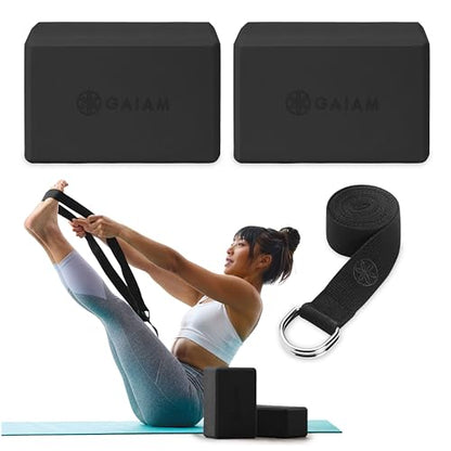 Gaiam Yoga Block - Supportive Latex-Free Eva Foam - Soft Non-Slip Surface with Beveled Edges for Yoga, Pilates, Meditation - color: Black, style: 2 Blocks w/Strap