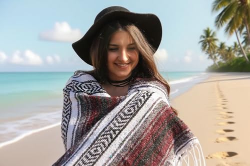Handwoven Mexican Blanket - Lightweight Yoga, Beach, Camping & Picnic Blanket - Durable Blanket for Outdoor, Equestrian & Home Decor (Burgundy)