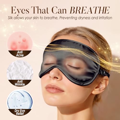 LULUSILK Mulberry Silk Sleep Eye Mask Blindfold with Elastic Strap Headband, Soft Eye Cover Eyeshade for Night Sleeping, Travel, Nap(Black), Pack of 1 - color: Black-2