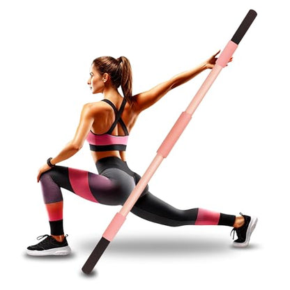 Pink Yoga Stick 58 Inch - Alloy Steel Stretching & Exercise Stick with Neck & Hand Pads, Shoulder Flexibility Tool for Yoga, Pilates & Home Gym Workouts