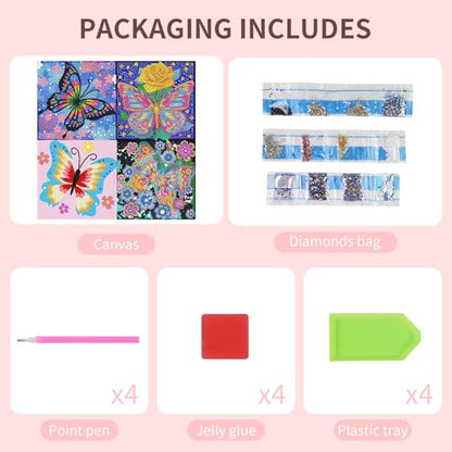 FlyingMage 5D Diamond Art Painting Kits for Adults, 4 Pack Cute Animal Full Drill Diamond Dots Paintings, DIY Diamond Crafts and Art Mosaic Kits, Kawaii Gem Paint with Diamonds Pictures, Butterfly - color: Multicolor Butterfly