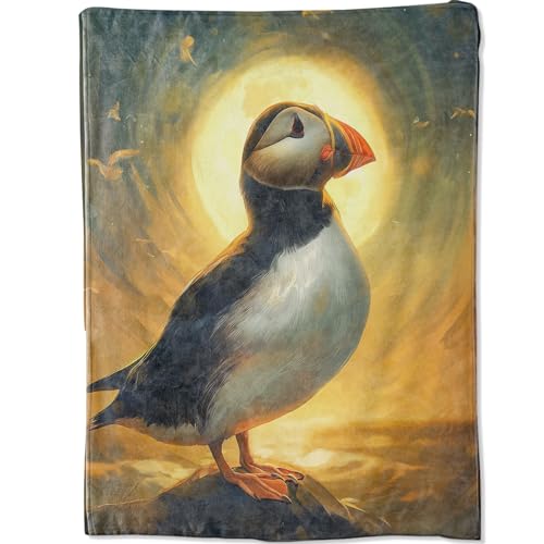 Sunset Birds Puffin Blanket Gifts for Adults Artist Men, Sun Setting Bright Nature Scene Bird on Rock Throw Blankets for Sofa Office Couch Room Decor, Cozy Lightweight Warm Soft Throws, 50x60 in - color: Puffin 01, size: 60x50in