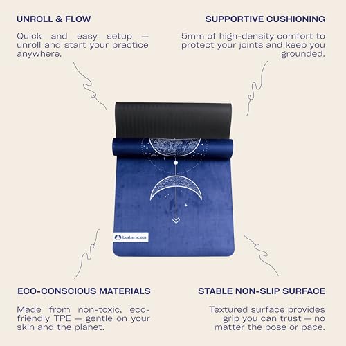 Yoga Mat With Strap 5mm Non Slip Suede & TPE - Eco-Friendly Fitness & Exercise Mat for Home Gym, Pilates, Hot Yoga, and Meditation - Lightweight Durable 72 x 24 inch Workout Mat for Women, Men - color: Blue