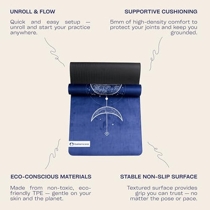 Yoga Mat With Strap 5mm Non Slip Suede & TPE - Eco-Friendly Fitness & Exercise Mat for Home Gym, Pilates, Hot Yoga, and Meditation - Lightweight Durable 72 x 24 inch Workout Mat for Women, Men - color: Blue