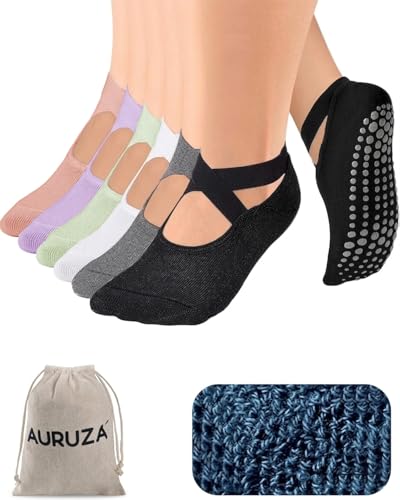 AURUZA Pilates Grip Socks for Women Non Slip Skid Yoga Socks with Grips Straps for Ballet Dance Workout Gripper Sock - color: 6pairs- Black+grey+white+green+purple+pink, size: Medium