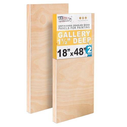 U.S. Art Supply 18" x 48" Unfinished Cradled Wood Panels for Painting, Gallery 1-1/2" Deep (2 Pack) - Artist Depth Wooden Wall Canvases - Mixed-Media Craft, Acrylic, Oil, Encaustic, Paint Pouring - size: 18" x 48"