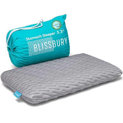 BLISSBURY Stomach Sleeper Pillow, Low Loft Memory Foam, 3.3 Inch - color: Gray, size: 3.3"H (Queen)