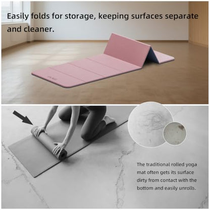 LVME Foldable Yoga Mat, 71"x24"x1/3" Thick(8mm), Non Slip Exercise Mat - color: Dusty Pink + Silver Blue