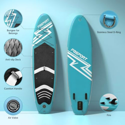 FBSPORT 11' Premium Stand Up Paddle Board, Yoga Board with SUP Accessories & Carry Bag | Wide Stance, Surf Control, Non-Slip Deck, Leash, Paddle and Pump for Youth & Adult - color: Lake Blue