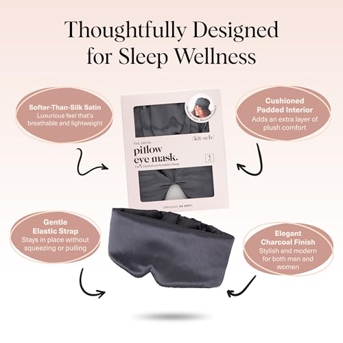 Kitsch Satin Sleep Mask | Eye Masks for Sleep - Charcoal Black | Softer Than Silk Sleep Mask, Blindfold Sleep Masks for Women & Men, No Eye Pressure, Lightweight Eye Mask, Travel Essentials - color: Charcoal Black