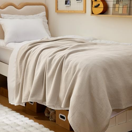 Bedsure 100% Cotton Blanket, Herringbone Weave, Twin-XL, Linen Beige | Cooling, Breathable, Lightweight, Soft, Ideal for Summer Nights, Dorm Room Essentials for College, Room Decor, 66x90 Inches - color: 01 - Linen Beige, size: Twin XL
