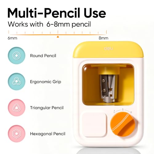deli Electric Sharpener, Battery Powered, 3 Sizes for 6.5–8mm Pencil - color: Yellow