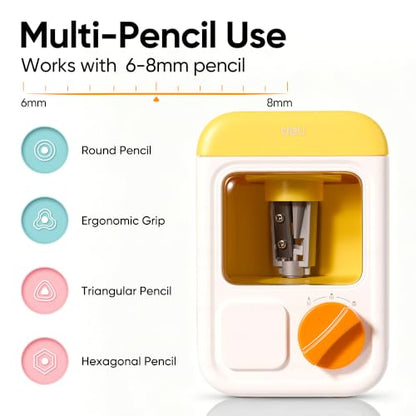 deli Electric Sharpener, Battery Powered, 3 Sizes for 6.5–8mm Pencil - color: Yellow