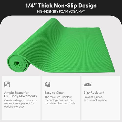 Fitvids All Purpose 1/4-Inch High Density Anti-Tear Exercise Yoga Mat with Carrying Strap, Multiple Colors - color: Green