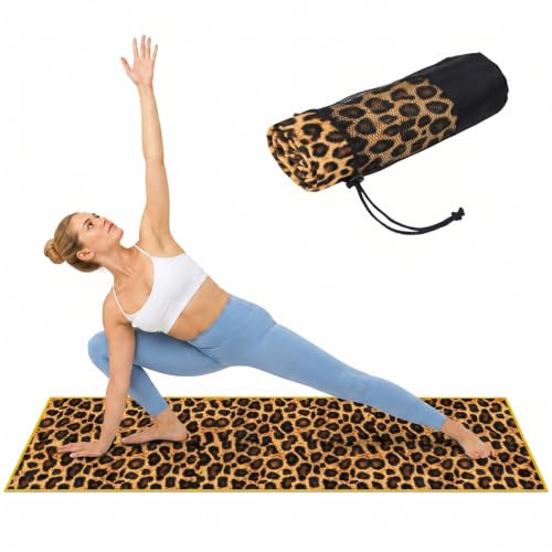 72 x 27 In Leopard Print Non Slip Hot Yoga Mat Towel with Pouch (Yellow) | Moisture-Wicking Quick-Dry Hot Yoga Towel, Washable, Compact Take-Anywhere Towel, for Yoga, Gym, Indoor, Outdoor