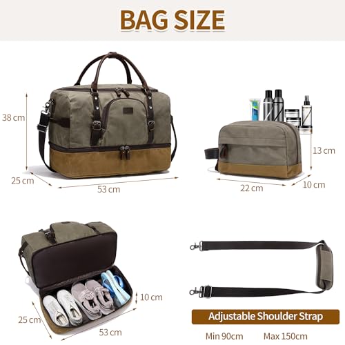 Nerlion Green Large Weekender Overnight Duffel Bag with Shoe Compartment and Leather Accents - color: Green