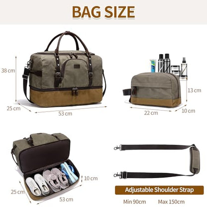 Nerlion Green Large Weekender Overnight Duffel Bag with Shoe Compartment and Leather Accents - color: Green