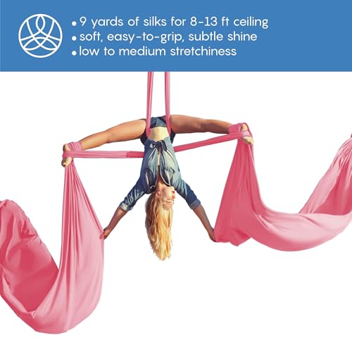 Aerial Silks Starter Kit, 9 Yards, Aerial Yoga Hammock, Hardware | Knitted fabric with pose guide, for aerial yoga, gymnastics, silk swing, stretching and home gym use, suitable for all levels - color: Pink