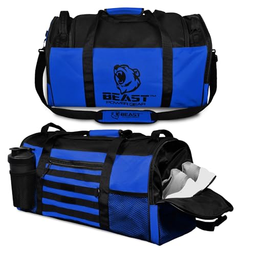 Beast Power Gear Gym Duffle Bag- Workout, Boxing, MMA, Sports Bag with Shoes Compartment and Adjustable Shoulder Strap for Men and Women (Blue/Black) - color: Blue/Black