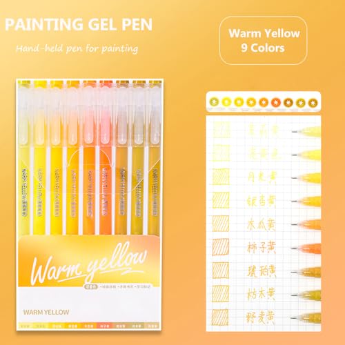 Gel Pens with 0.6mm Fine Point, 9 Colors Acrylic Drawing Gel Pen | Smooth Writing Pen Set for Journaling, Warm Yellow, Drawing Pencils for Adult Coloring Books - color: Warm Yellow