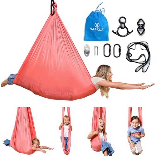 Harkla Sensory Swing for Kids & Adults, Holds 300lbs, Includes 360° Swivel | Hug Like Calming Effect and Durable Soft Stretch Fabric - Easy Assembly, Heavy Duty Hardware and 3rd Party Tested - color: Pink, size: 110" Swing + 5" Swivel