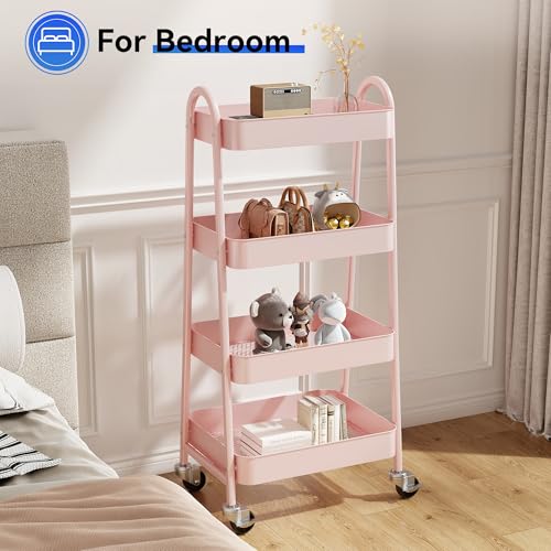 OLIXIS Metal 4 Tiers Rolling Storage Utility Cart with Lockable Wheels - color: Pink, size: 4-Tiered 18 inches
