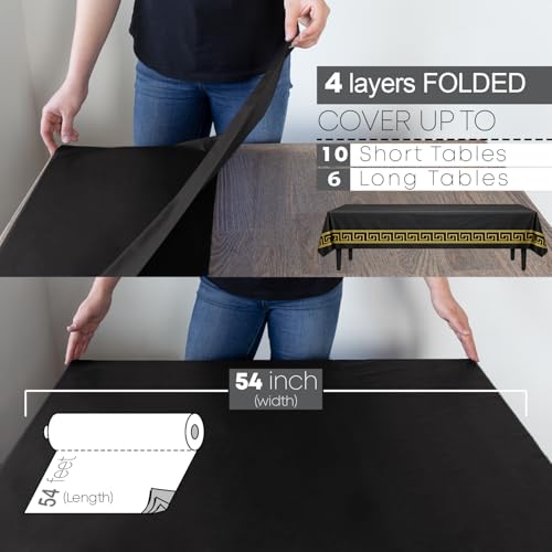 Neatiffy Plastic Tablecloth Roll with Slide Cutter, Disposable Waterproof Table Cover, Cut to Size for Rectangular & Round Tables, Party, Picnic, Wedding, 54 in x 54 ft, Black Gold Design - color: Black With Golden Design