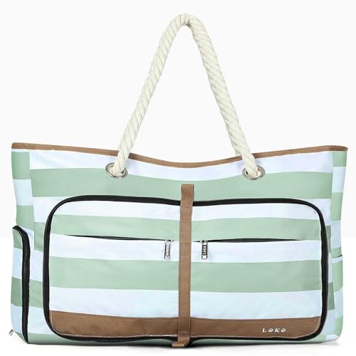 Beach Bag for Women - 35L Large Tote Bag, Waterproof & Sandproof, Zippered Carry On Bag for Pool, Beach & Travel - color: Green Striped