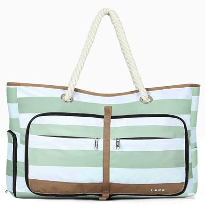 Beach Bag for Women - 35L Large Tote Bag, Waterproof & Sandproof, Zippered Carry On Bag for Pool, Beach & Travel - color: Green Striped