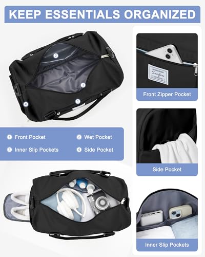 Gym Bag Womens Mens with Shoes Compartment Travel Duffel Bag for Women for Plane Sport Gym Tote Bags Swimming Yoga Weekend Overnight Carry on Bag Hospital Holdalls 4Pcs Set Black - color: P1-Black